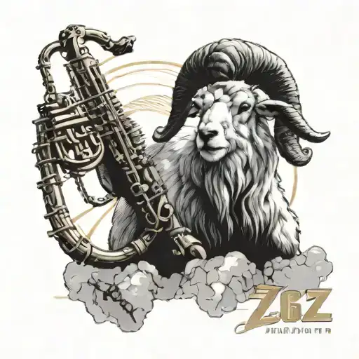 A Realistic Tattoo Of A Mountain Goat Holding Saxophone With A Dragonball Z Inspired Background
