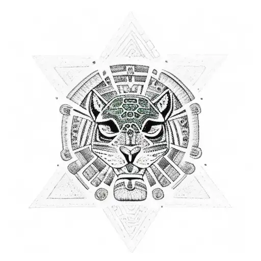 Mayan Pyramid With Jaguar Head Calallily Flowers And A Quetzal