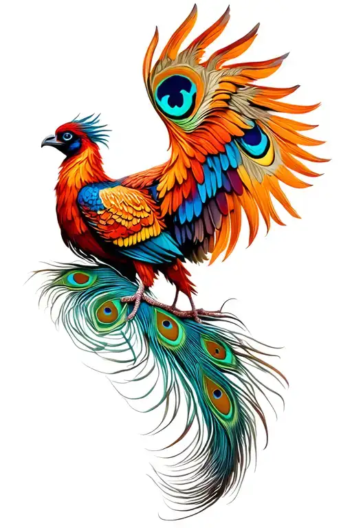 Front View Phoenix Bird With Twowings Spread Peacock Feather Tail