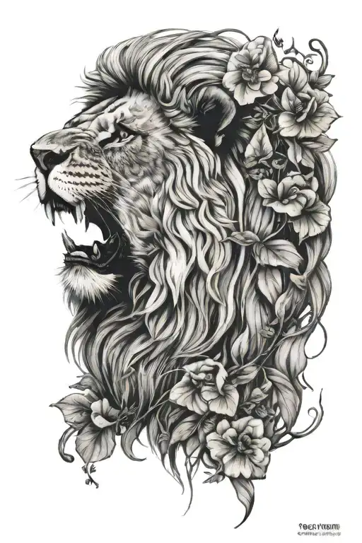 One Black And White Lion Head With Minimal Coloured Flowers And Vines Going Down And Thinning Out