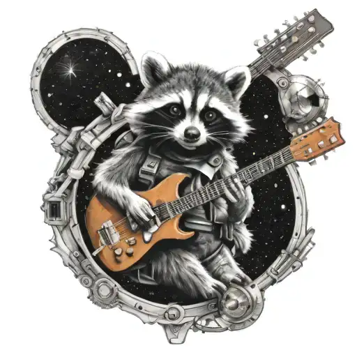 A Mechanical Raccoon Playing A Guitar In Outer Space