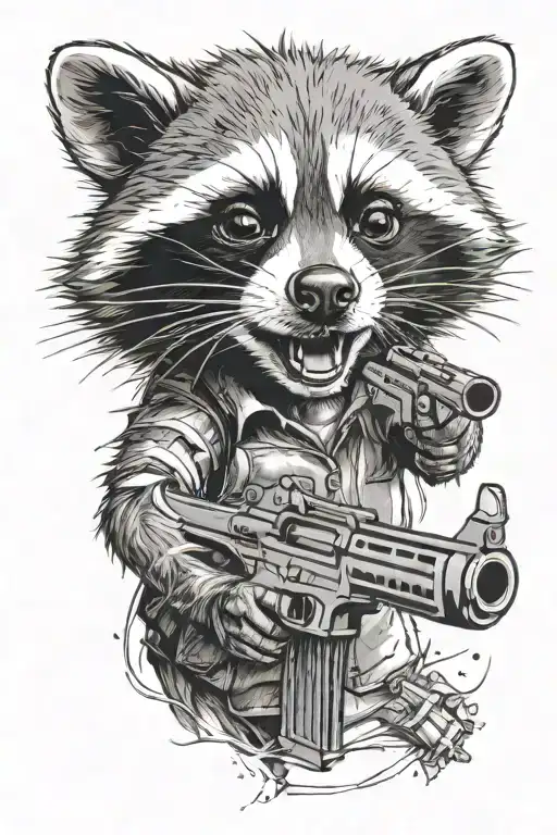 Aggressive Raccoon In The Style Of Movie Characters Shoots From A Gun