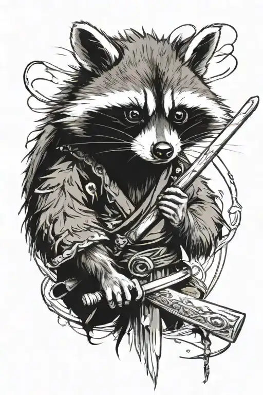 Aggressive Raccoon In The Style Of Anime Characters With A Samurai Sword