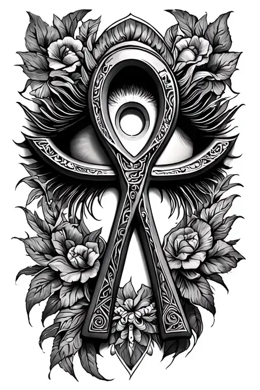 Large Ankh Engraved Back Tattoo With Eye