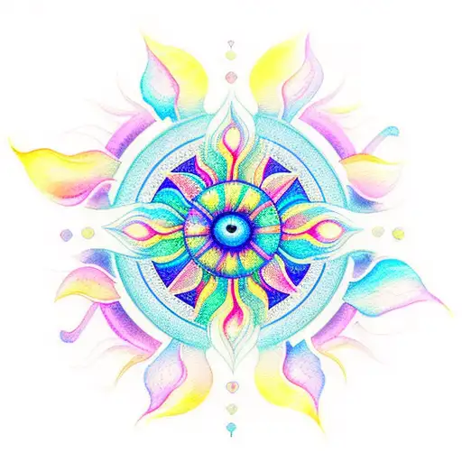 A Dreamy And Symmetrical Tattoo Of A Sun Catcher Cascading Watercolor Rainbows Of Light