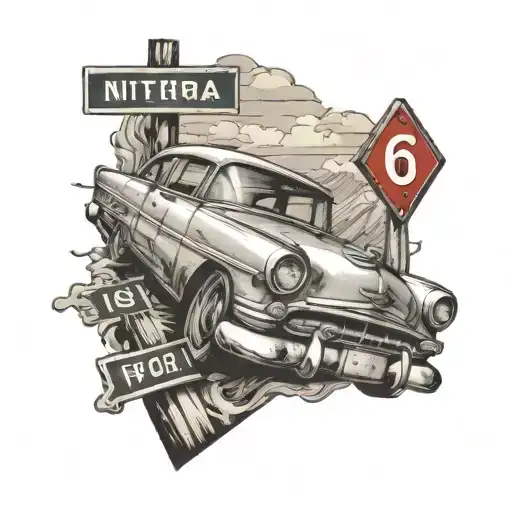 Car Drives Down The Road In Front Of A Road Sign Intertwined