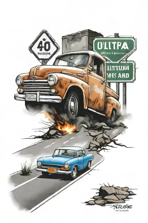 Car Drives Down The Road In Front Of A Road Sign