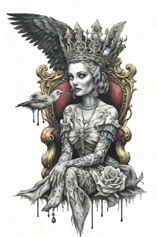 A Queen With A Bob Sits On A Throne With Drops Of Different Colors In Her Eyes