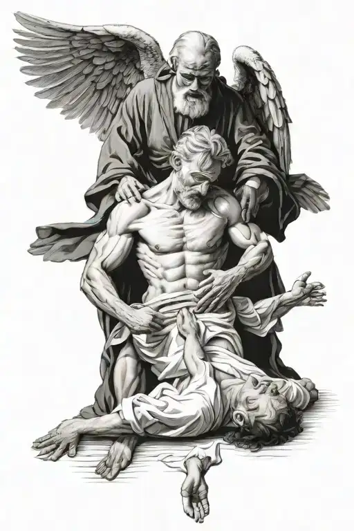 Abraham About To Kill Blindfolded Son But Angel Come From Heaven And Grabs His Hand To Stop Him