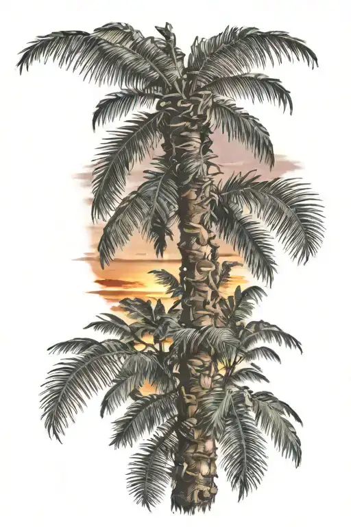 Palm Tree Trunk And Leaves Sunset