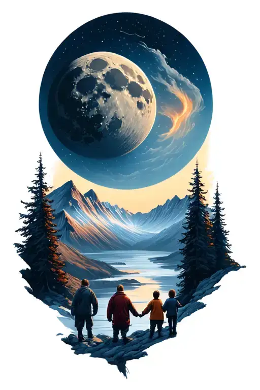 Mountain Landscape And Father And Three Children And Giant Moon