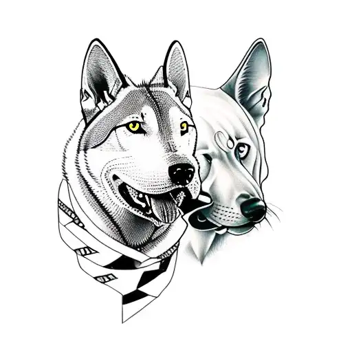 A Fierce Bull Terrier And A Serene Wolf Facing Each Other