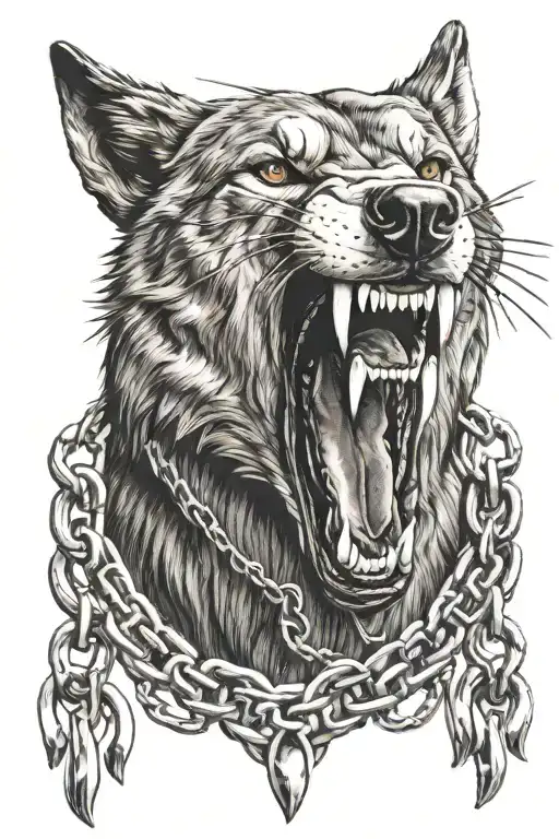 Roaring Wolf Head With Broken Chains Between Fangs