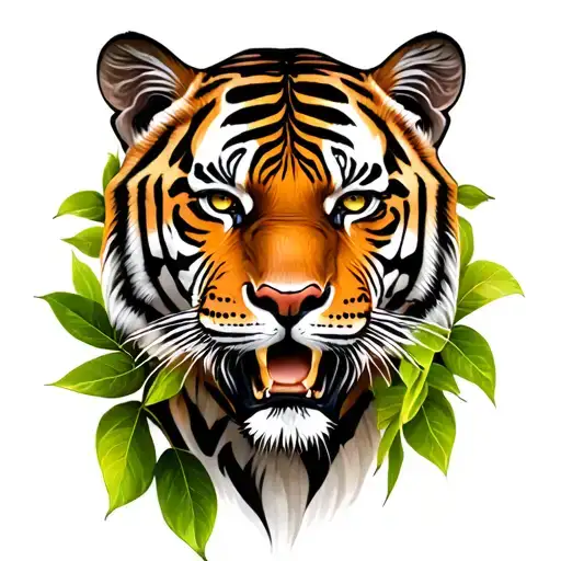 Tiger With Leaves Aggressive