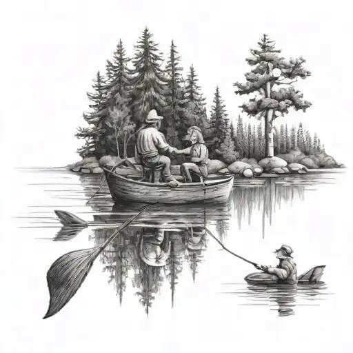 A Dotwork Tattoo Of A Father And Daughter Fishing Together On A Peaceful Lake Surrounded By Trees