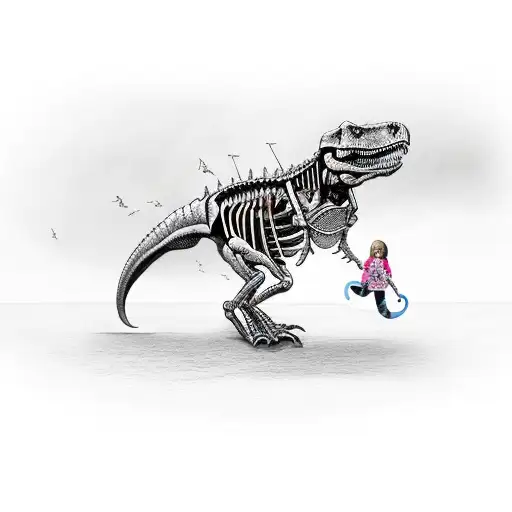 A T Rex Skeleton And A Little Girl Leading The Dinosaur On A Leash