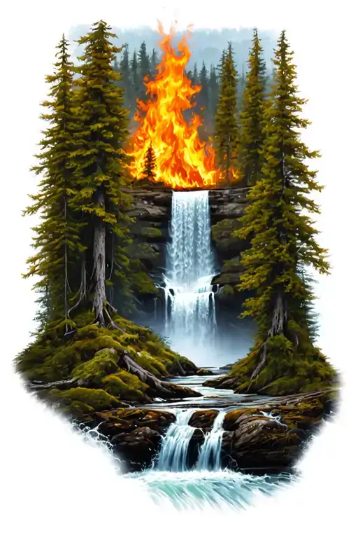 Boreal Forest Fire With Water Fall