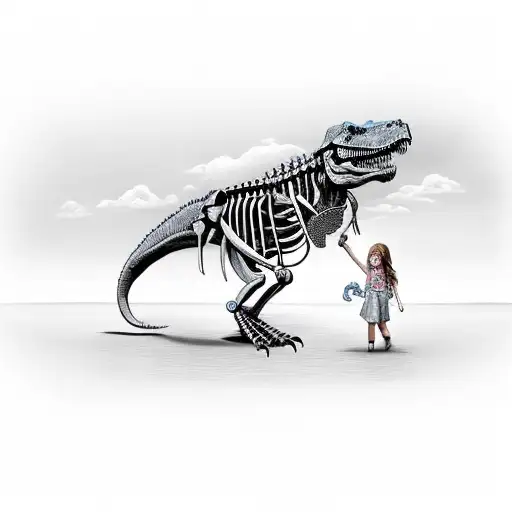 A T Rex Skeleton And A Little Girl Leading The Dinosaur On A Leash
