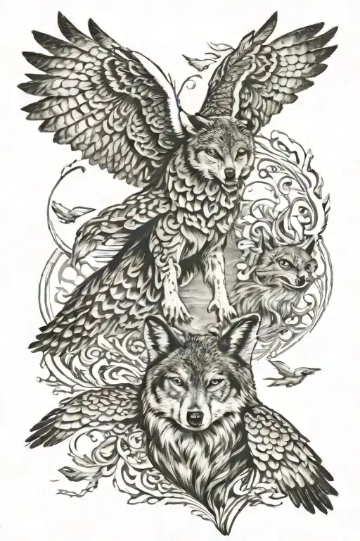Wolf And Owl Flying