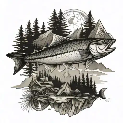 An Intricate Fish Design Incorporating Mountain Peaks And Pine Trees