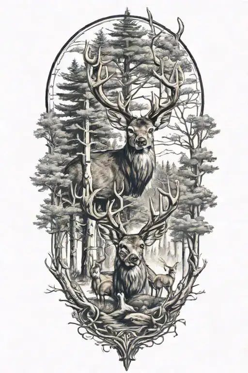Family Of Deer Head With Trees