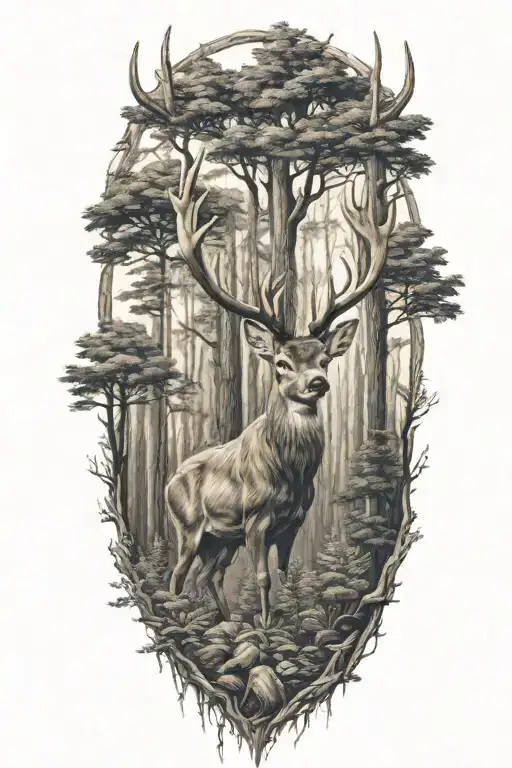 Family Of Deer Head With Trees