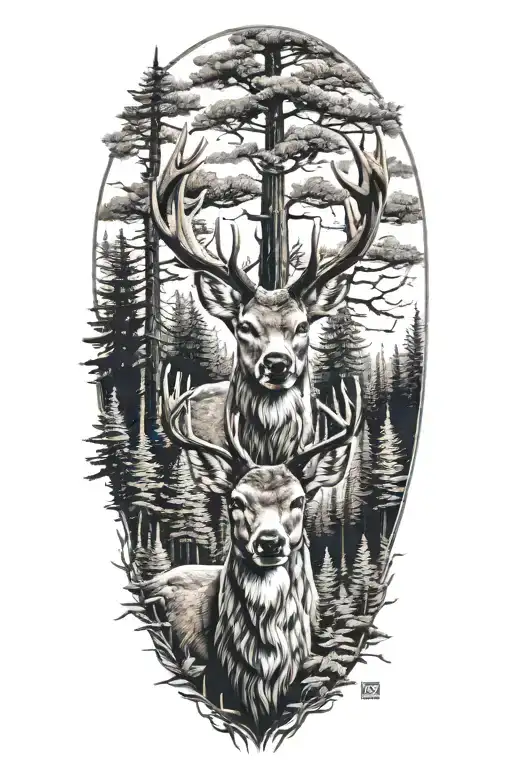 Family Of Deer Head With Trees