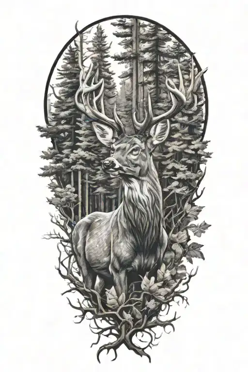 Family Of Deer Head With Trees