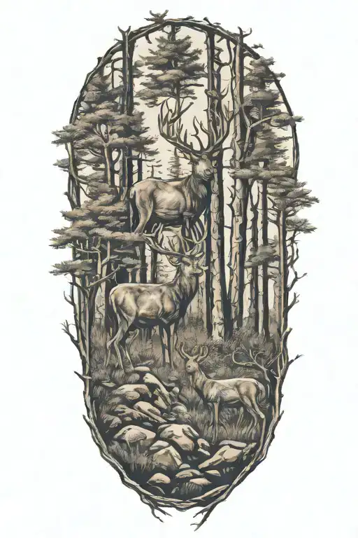 Family Of Deer With Trees