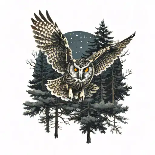 Owl Flying In Forest At Night Sky