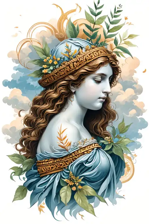 Greek Mythology Goddess That Means Safety And Protection With Plants And Shading Clouds