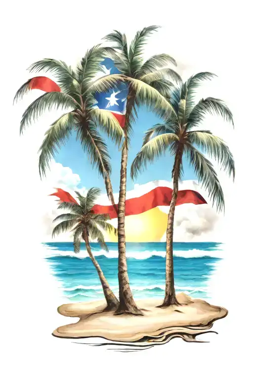 Beach Shore With Palm Trees And Puerto Rican Flag Intertwined