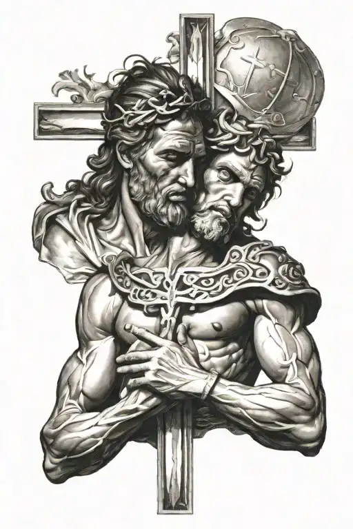 David Holding Goliaths Head With A Cross In The Background