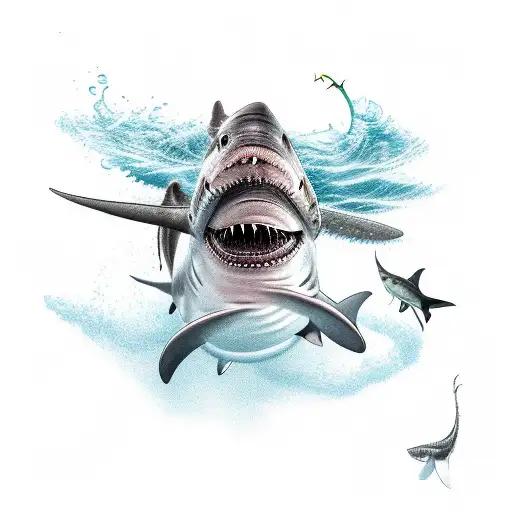 Realistic Depiction Of A Fly Fisherman Battling A Hammerhead Shark