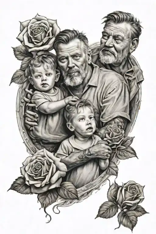 Father With Two Children And A Rose In The Background