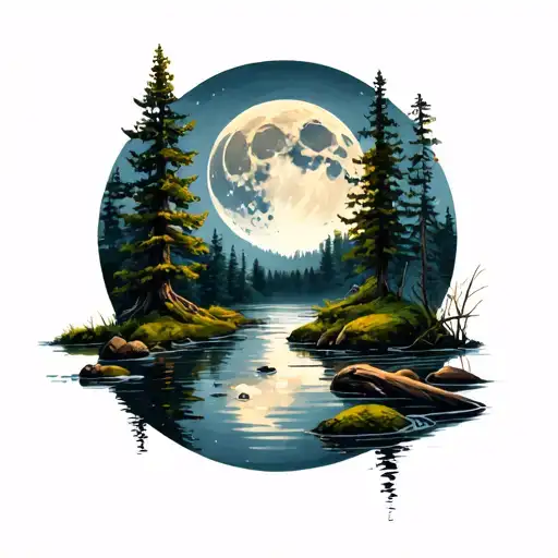 Pond In The Woods With A Moon