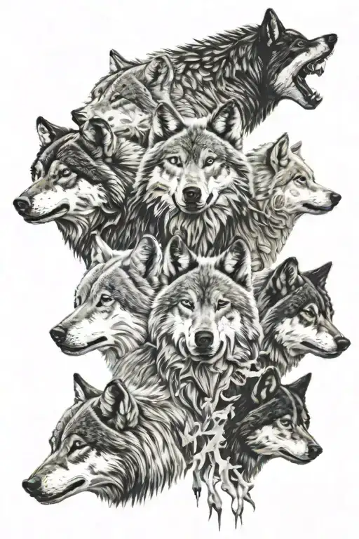6 Wolves With 1 Highlighted And Others Black And White