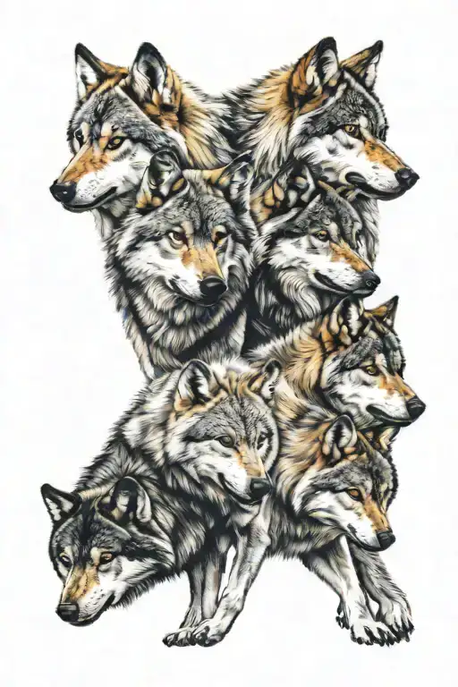 6 Wolves Wolf Pack With 1 Highlighted In Color And 5 In Black And White