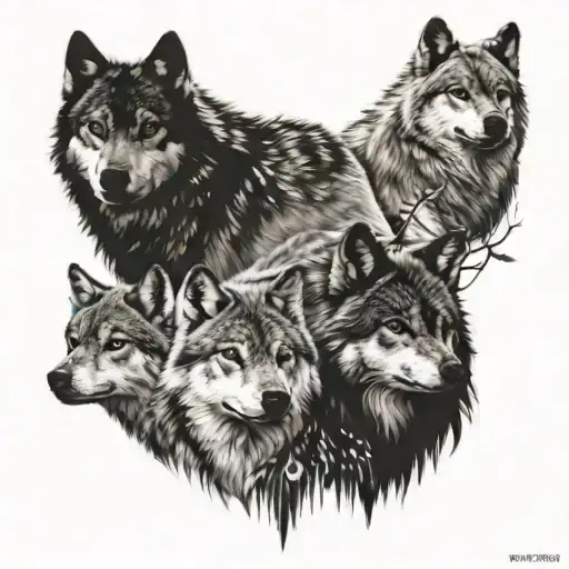 6 Wolves Wolf Pack With 1 Highlighted In Color And 5 In Black And White