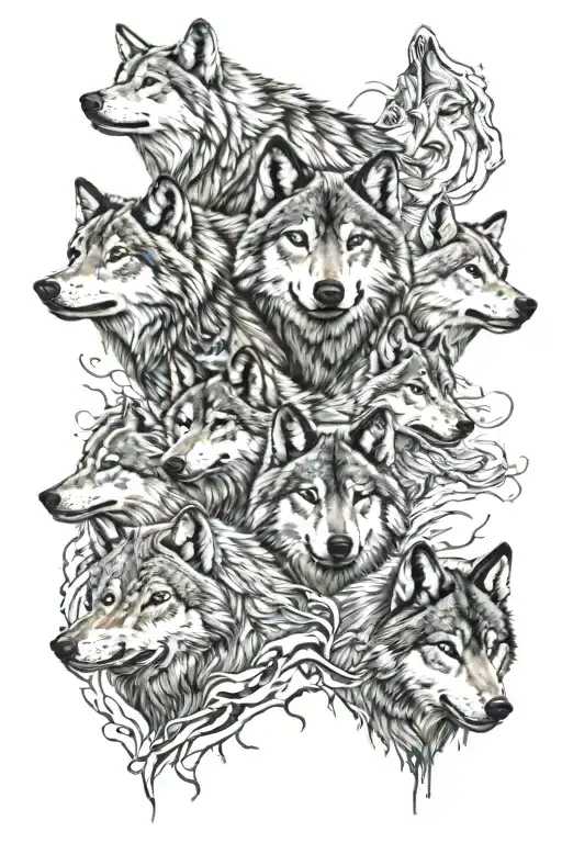 6 Wolves Wolf Pack With 1 Highlighted In Color And 5 In Black And White