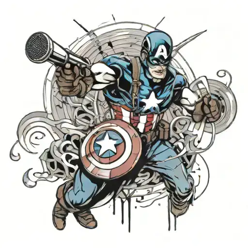 A Blackwork Tattoo Of Captain America Holding A Microphone With Musical Notes Swirling Around Him