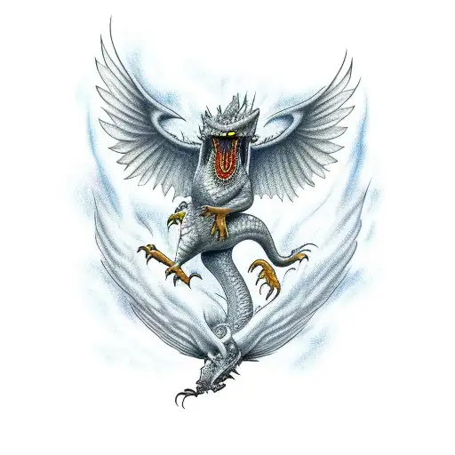 Griffin Taking Flight Away From A Dragon Breathing Fire