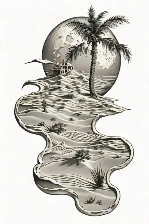 Middle East Sand Dunes With Moon And Oasis