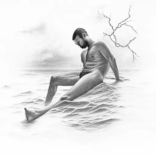 A Man Lying On The Water At Sea And Is About To Be Struck By Lightning