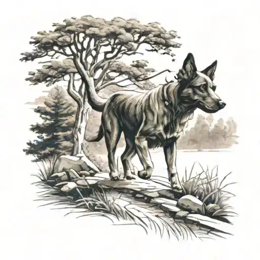 Dog Walking To A Cross With Trees Around On A Path