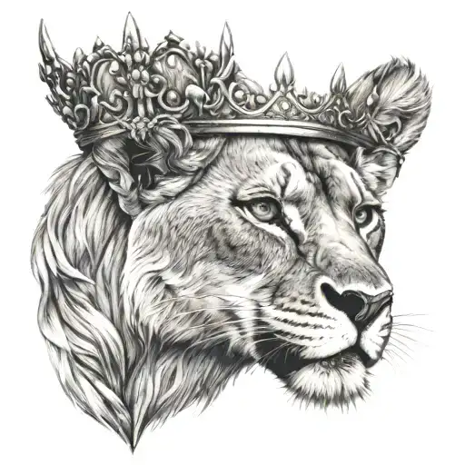 Half Of Lioness With A Crown Looking Straight Sword