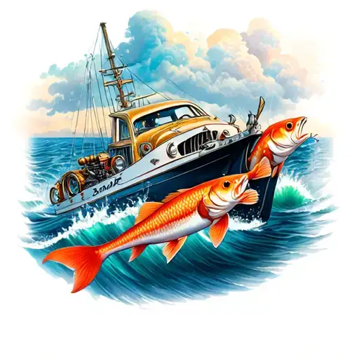 Sea And Boat And Fish And Car Engine And Pistons