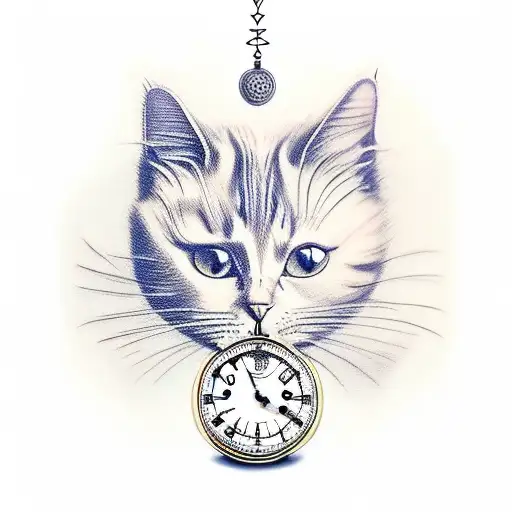 Cat From Alice In Wonderland Behind A Melting Pocket Watch