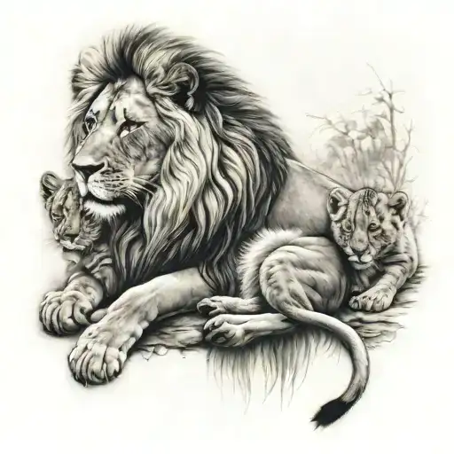 Queen Lion With Her Paws Around Her 3 Cubs