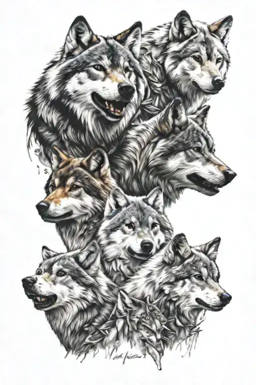 6 Wolves Wolf Pack With 1 Highlighted In Color And 5 In Black And White